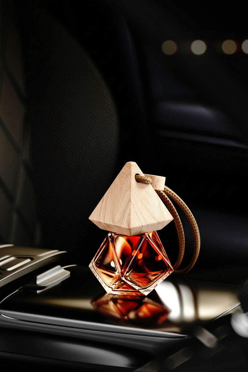 Car air freshener with wooden cap on a car dashboard